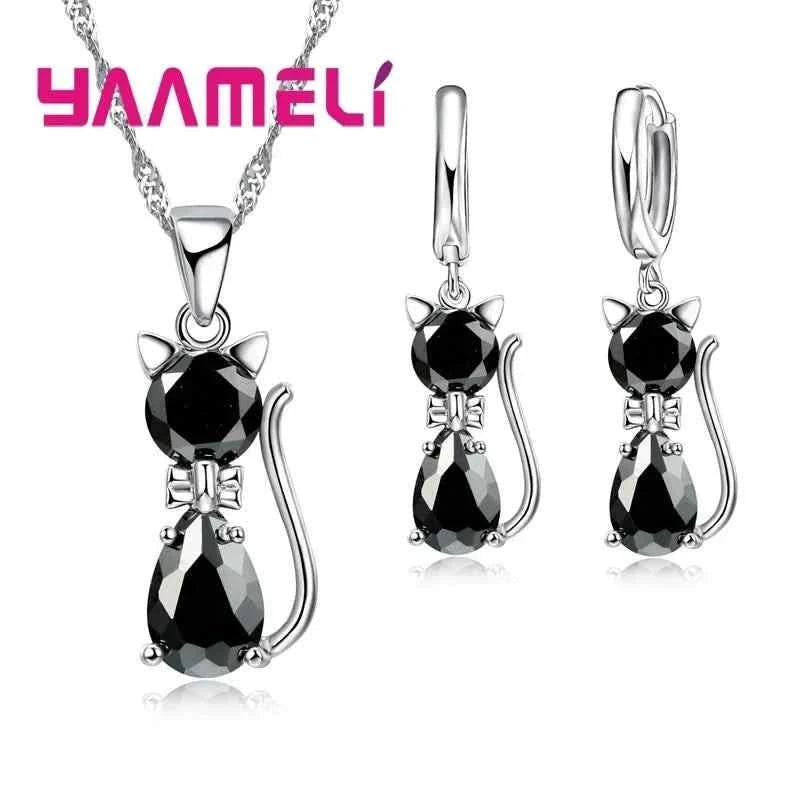 Real 925 Sterling Silver Color Jewelry Sets for Woman Girls Shining Austrian Crystal Cute Cat Pendant Necklace Huggie Earring - M & M Global