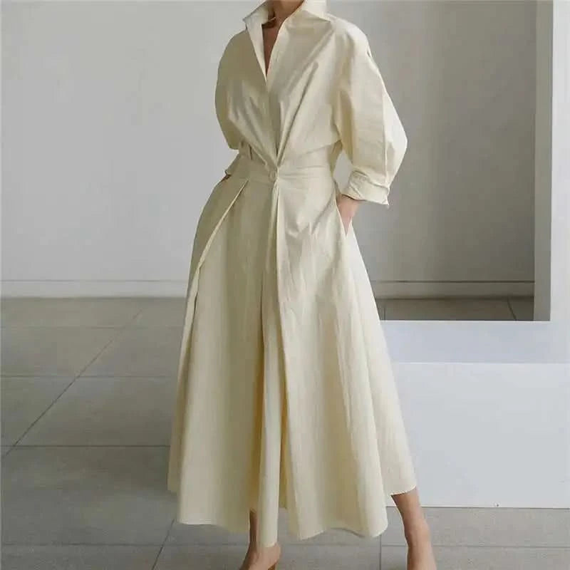 LANMREM Women's Clothing Long Dress Turn Down Collar With Button Pockets Loose Casual Dresses Female Streetwear Fashion 2C2019 - M & M Global