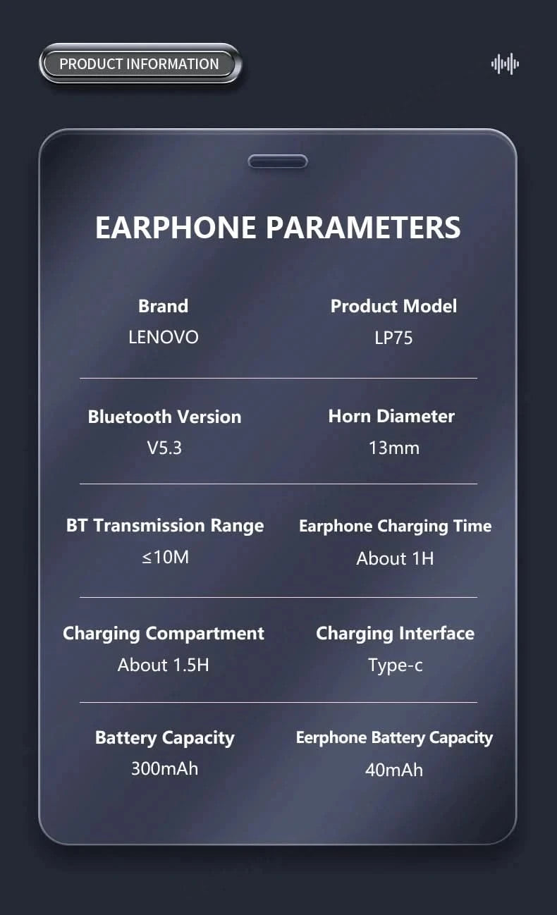 Ship From US Lenovo LP75 Bluetooth 5.3 Headphones Wireless Music Earphones LED Digital Display Noise Reduction Game Earbuds New