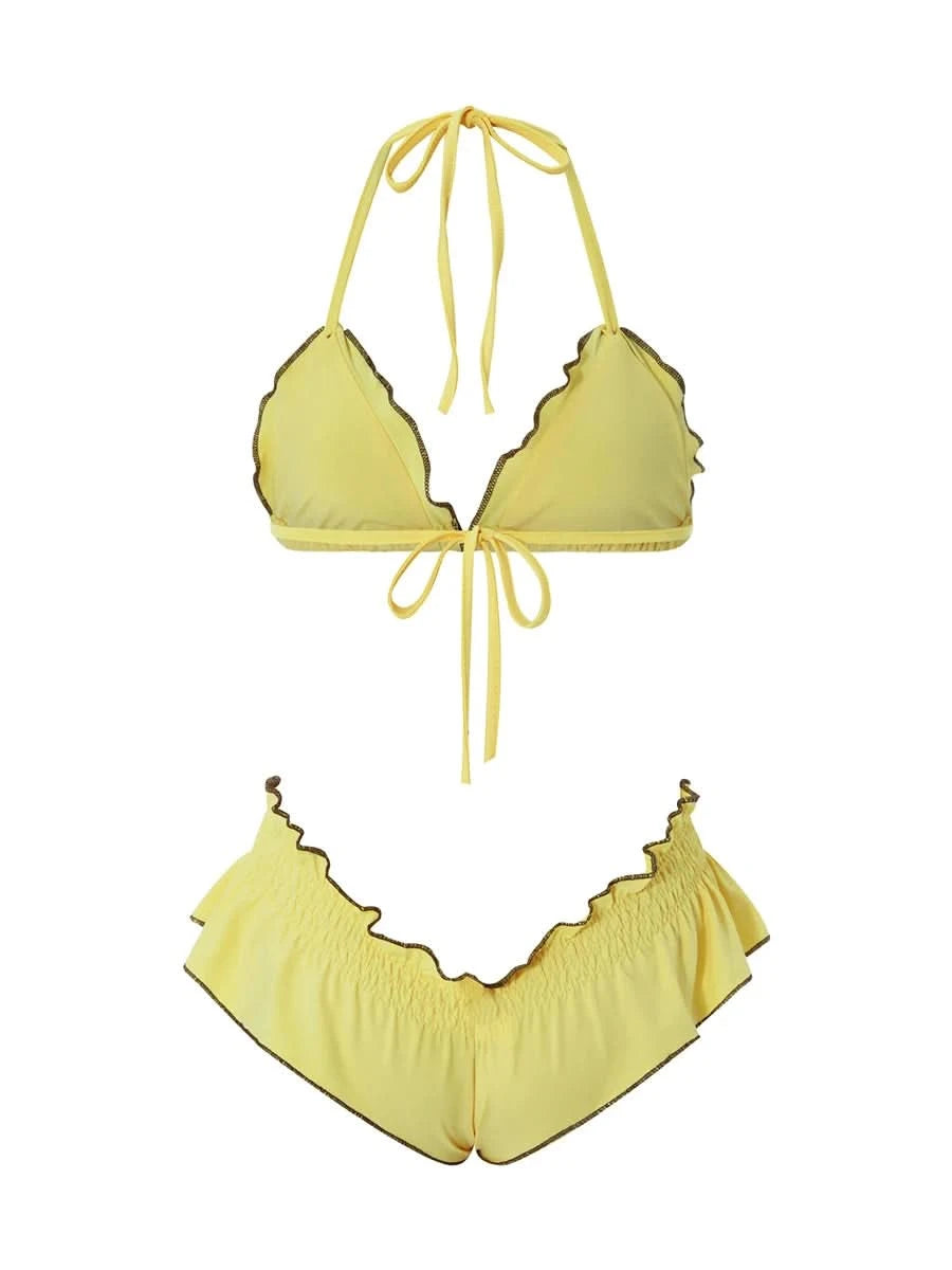 Women Bikini 2024 Patchwork Sleeveless Padded Bra And Frills Thong Bottoms Bikini Women Summer Beach Padded Up Bathing Suits - M & M Global