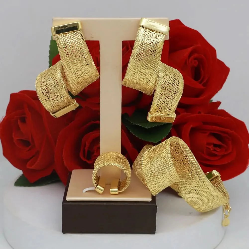 Women's Jewelry Sets Gold Plated Sprial Necklaces Simple Earrings Italian Fashion Rings Bracelets Wedding Accessories - M & M Global