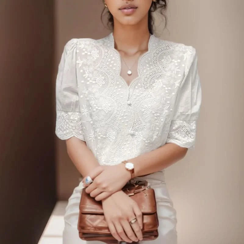 Summer Embroidery Puff Sleeve Linen Cotton Women Blouse Spring Casual White Hollow Out Tops Short Sleeve Shirt - M & M Global