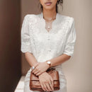 Summer Embroidery Puff Sleeve Linen Cotton Women Blouse Spring Casual White Hollow Out Tops Short Sleeve Shirt - M & M Global