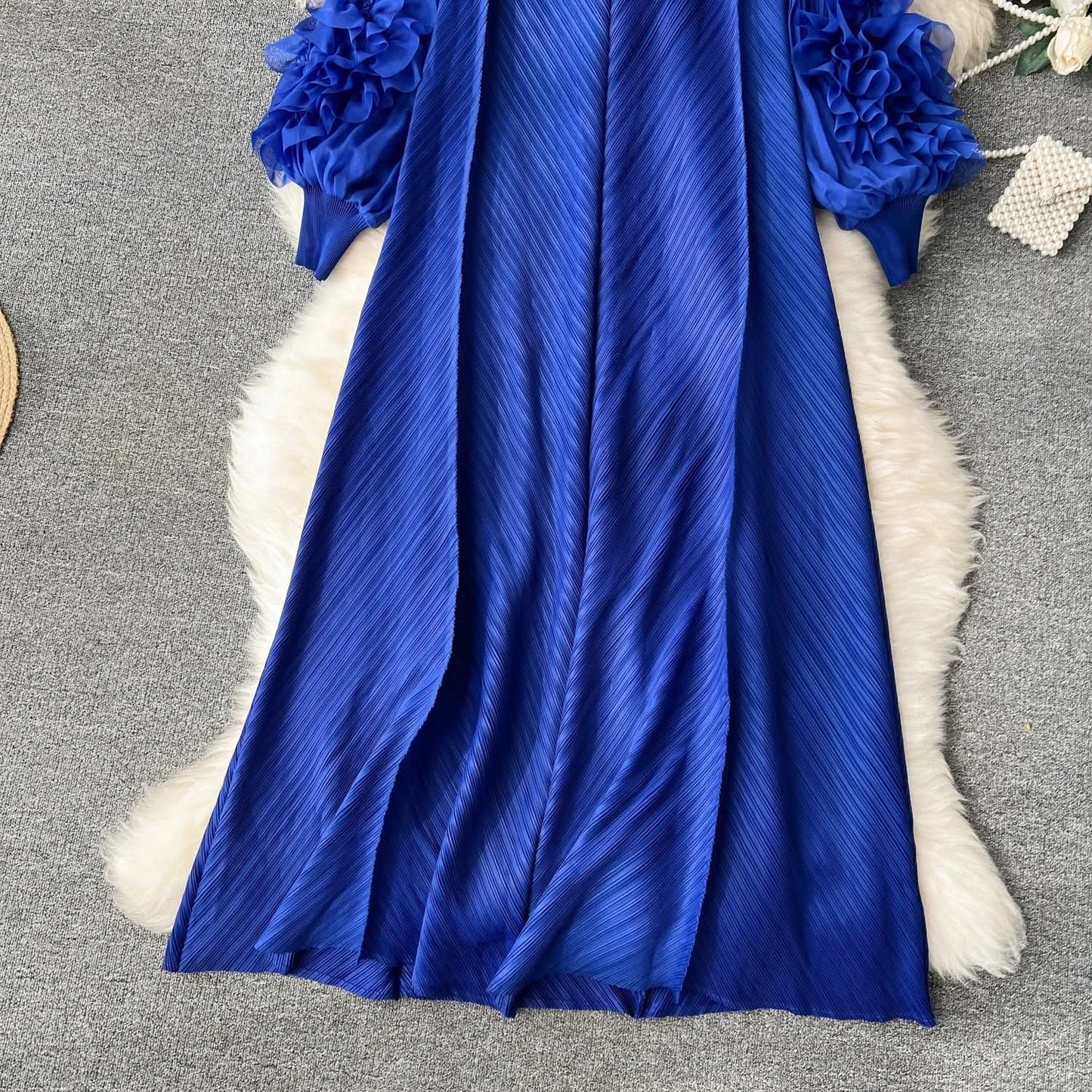 Sweet Pleated Vintage Three-dimensional Flower Loose Long Dress Chic Evening Korean Fashion Fashion Women Summer Dresses - M & M Global