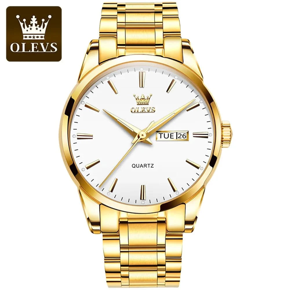 OLEVS Men Watches Waterproof Stainless Steel Quartz Male Wristwatch Gold Watch Fashion Luminous Luxury Calendar Business Clock - M & M Global