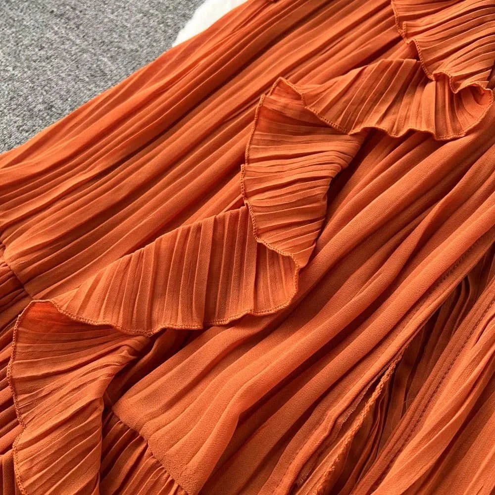 Purple/Brown/Red Chiffon Pleated Long Dress Women Vintage V-Neck Flare Sleeve Draped Ruffle Vestido Female Maxi Robe Spring Fall - M & M Global
