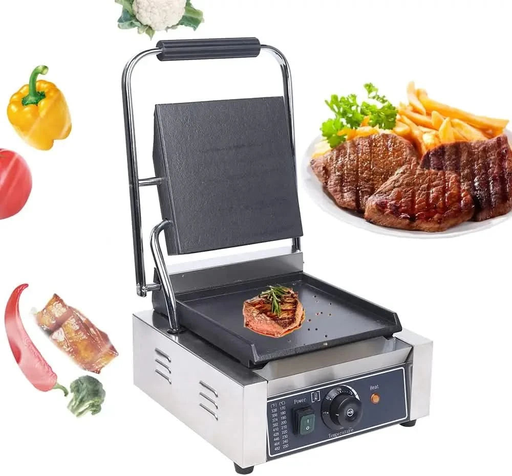 Commercial 1800W Panini Press Grill, Dual-Sided Electric Griddle Machine with Non-Stick Surfaces, Adjustable Temperature Control - M & M Global