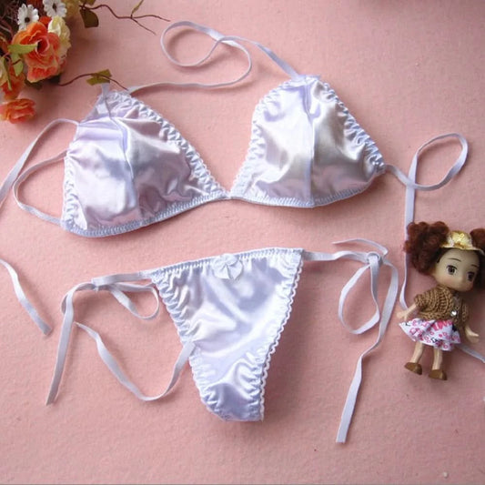 Sexy Lingerie Set Womens Satin Silk Thong Underwear Bra Panties T-back Lace Up Top Briefs Bikini Beach Swimming Bathing Suit - M & M Global