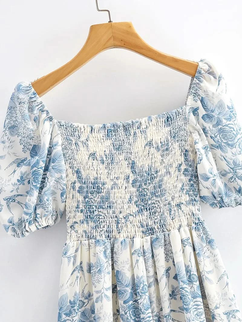 Summer Off-the-shoulder Short Sleeved Floral Split Long Chiffon Dress Swallows Print Fit and Flared Sweet  Ruffles Long Dress - M & M Global