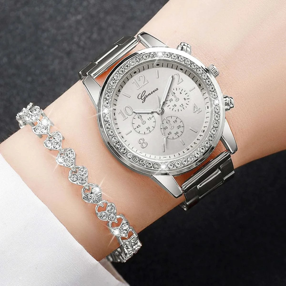 2PCS Women's Watch Fashion Rhinestone Ladies Analog Quartz Watches Bracelet Set Reloj Mujer Girls Clock Gift - M & M Global