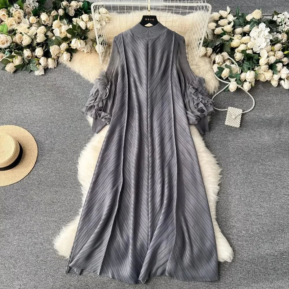 Sweet Pleated Vintage Three-dimensional Flower Loose Long Dress Chic Evening Korean Fashion Fashion Women Summer Dresses - M & M Global
