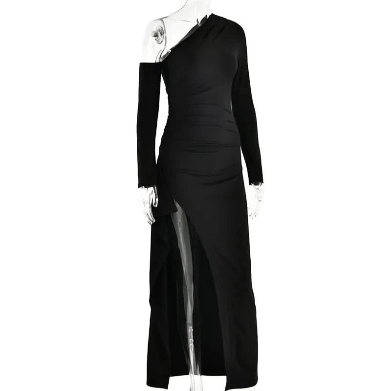 Mozision Oblique Shoulder Thigh High Split Maxi Dress Women Long Sleeve Backless Bodycon Sexy Club Party Long Dress Vestidos - M & M Global
