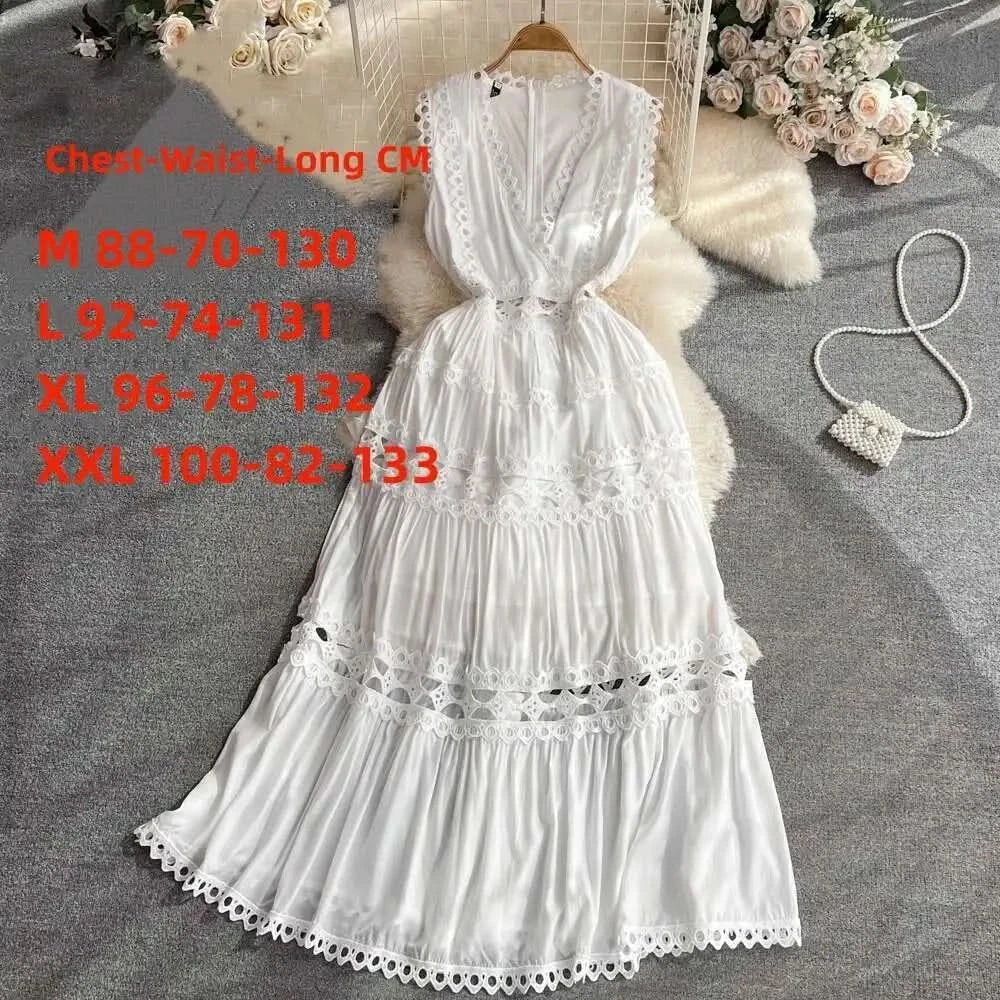 JAMERARY Designer New Summer Holiday White Embroidery Cotton Long Dress Women Sleeveless Midi Prom Evening Dresses Party Robe - M & M Global