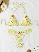 Women Y2k Bikinis Sets Coquette Aesthetic Bows Halter Tie Up Bikini Top High Cut Elastic Waist Bikini Bottom - M & M Global