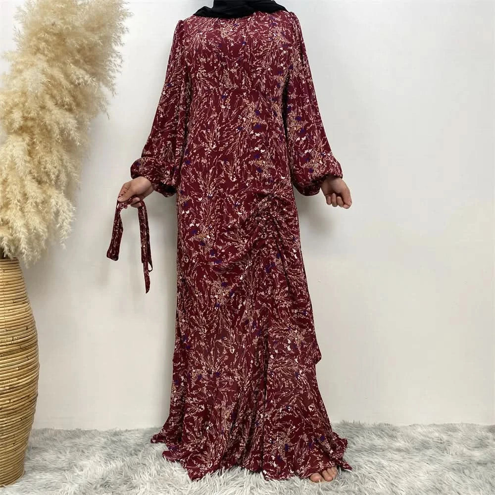 Muslim Women's dress Casual print bark crepe long dress Zipper collar long sleeves loose Muslim maxi dress - M & M Global