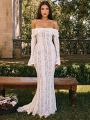 Mozision Floral Lace Off-shoulder Maxi Dress For Women White Strapless Backless Long Sleeve Bodycon Club Party Sexy Long Dress - M & M Global