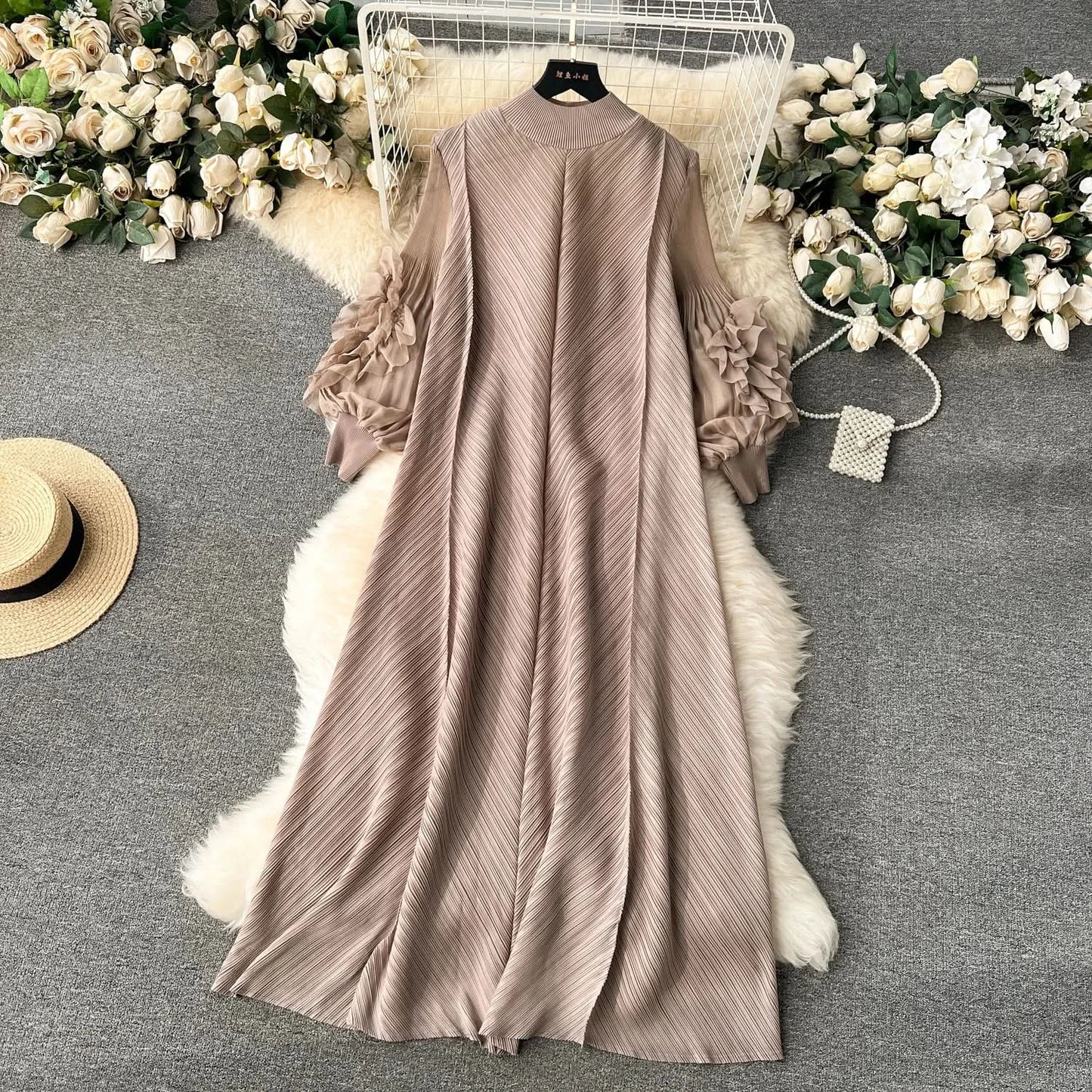 Sweet Pleated Vintage Three-dimensional Flower Loose Long Dress Chic Evening Korean Fashion Fashion Women Summer Dresses - M & M Global