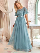 2023 New Women's Burgundy A-Line Sequin Mesh Leaf Maxi Prom Dress Sparkle Evening Dresses O-Neck Short Sleeve Long Dress - M & M Global