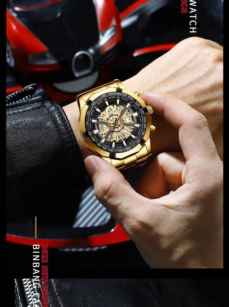 BINBOND Mens Quartz Watches Top Brand Luxury Stainless Steel Waterproof Hollow Out Blue Big Male Wristwatches Relogio Masculino - M & M Global