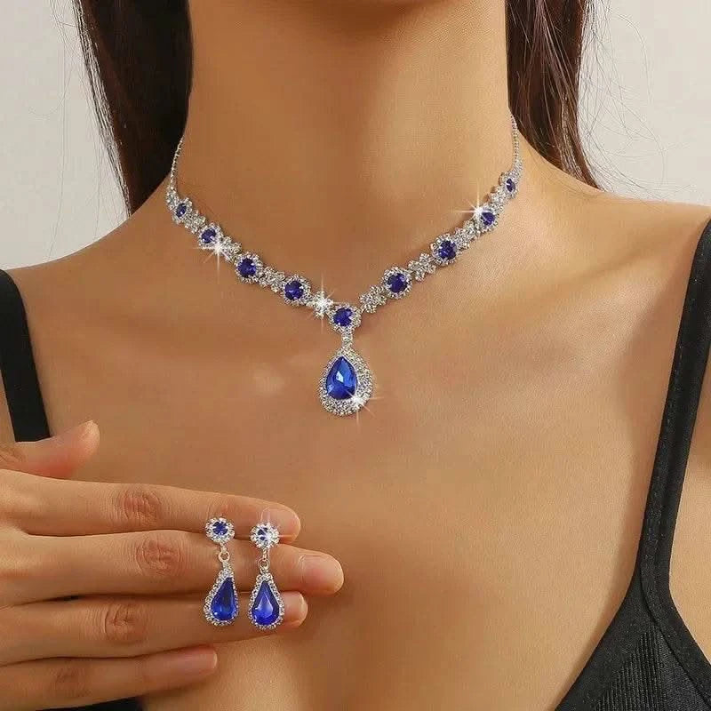 2pcs/set Jewelry Sets Women Elegant Waterdrop Rhinestone Pendant Necklace stud Earrings Wedding Dress Bridal Jewelry Set - M & M Global