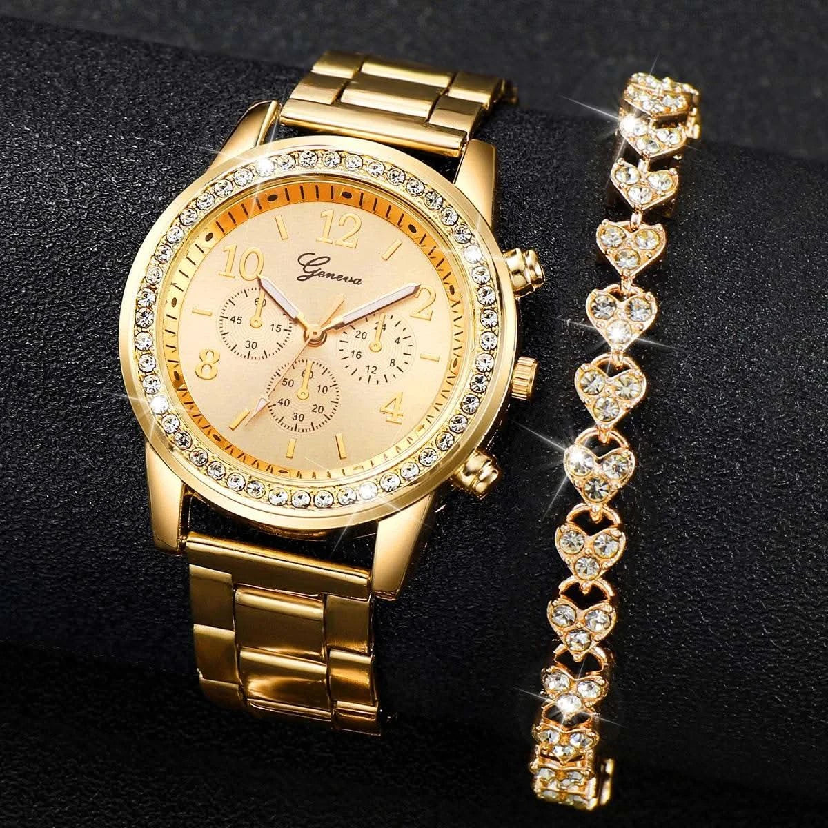 2PCS Women's Watch Fashion Rhinestone Ladies Analog Quartz Watches Bracelet Set Reloj Mujer Girls Clock Gift - M & M Global