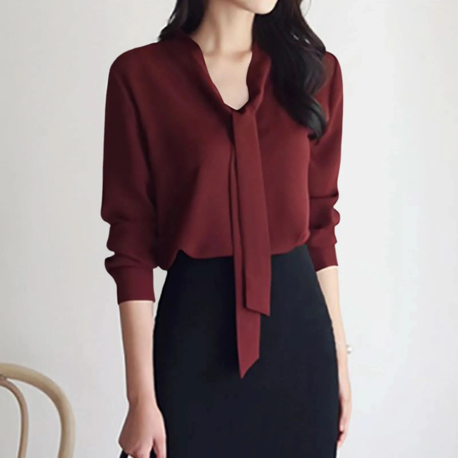 Female Elegant Shirt Women's Solid Color Long Sleeve Business Bow Ribbon Blouse Women Slimming Senior Sense Tunic Tops for Work - M & M Global