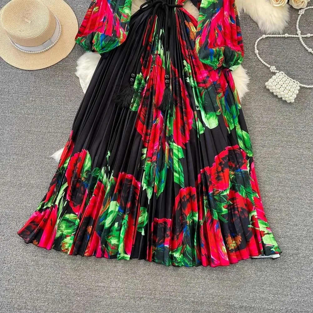 Spring Holiday Print Long Dress For Women Fashion Loose Lantern Sleeve Party Robe Female Big Swing Tassels Belt Pleated Clothes - M & M Global