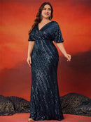 Plus Size Elegant V-Neck Sequins Evening Dresses Women Short Sleeve Luxury Wedding Party Floor Lenght Cocktail Gowns