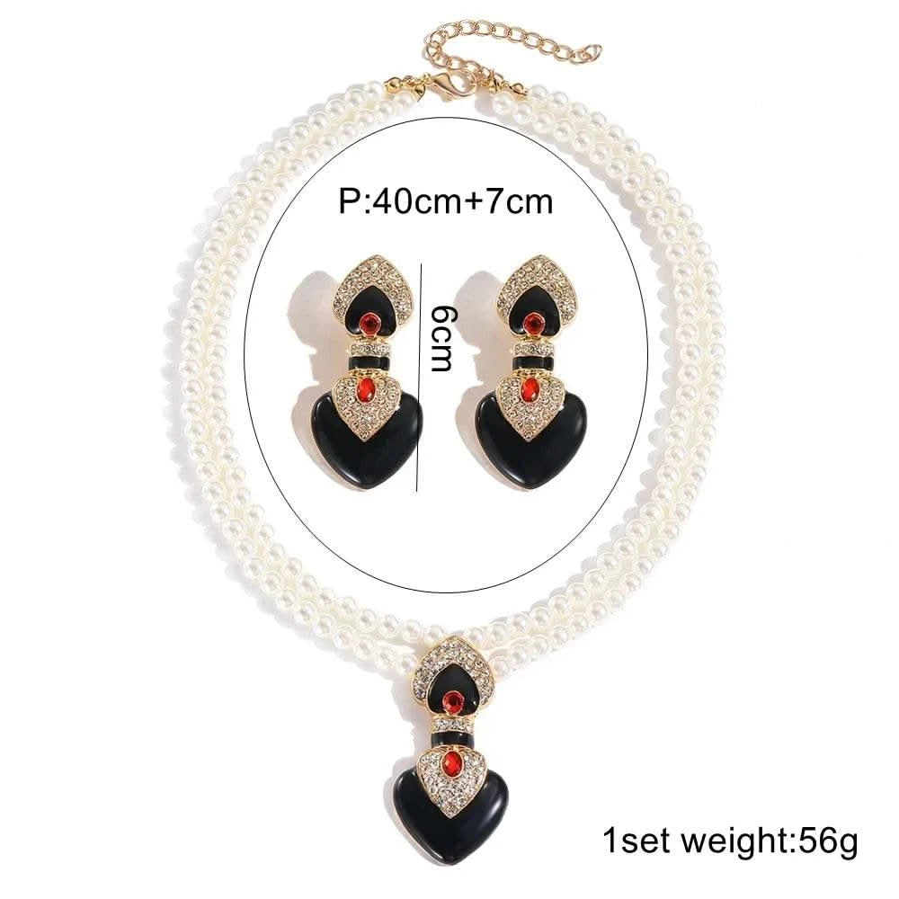 Bride Wedding Jewelry Set Elegant Enamel Rhinestone Love Imitation Pearl Beaded Necklace and Earrings Women's Party Accessories - M & M Global