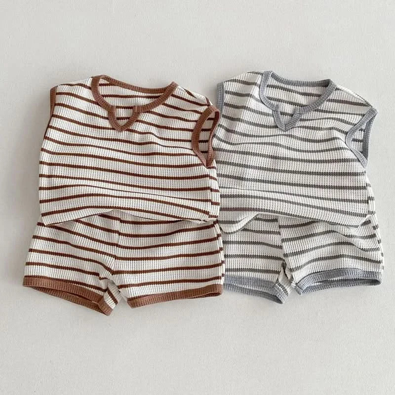 Summer baby clothes 0-5T solid color boys striped sleeveless T-shirt shorts set breathable girls vest short sleeved shorts set - M & M Global