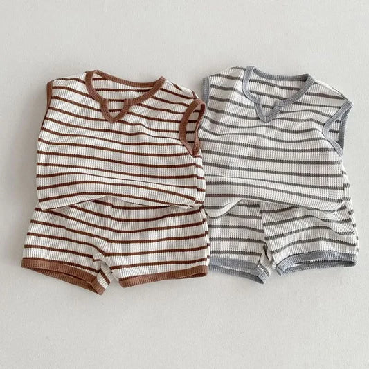 Summer baby clothes 0-5T solid color boys striped sleeveless T-shirt shorts set breathable girls vest short sleeved shorts set - M & M Global
