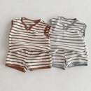 Summer baby clothes 0-5T solid color boys striped sleeveless T-shirt shorts set breathable girls vest short sleeved shorts set - M & M Global