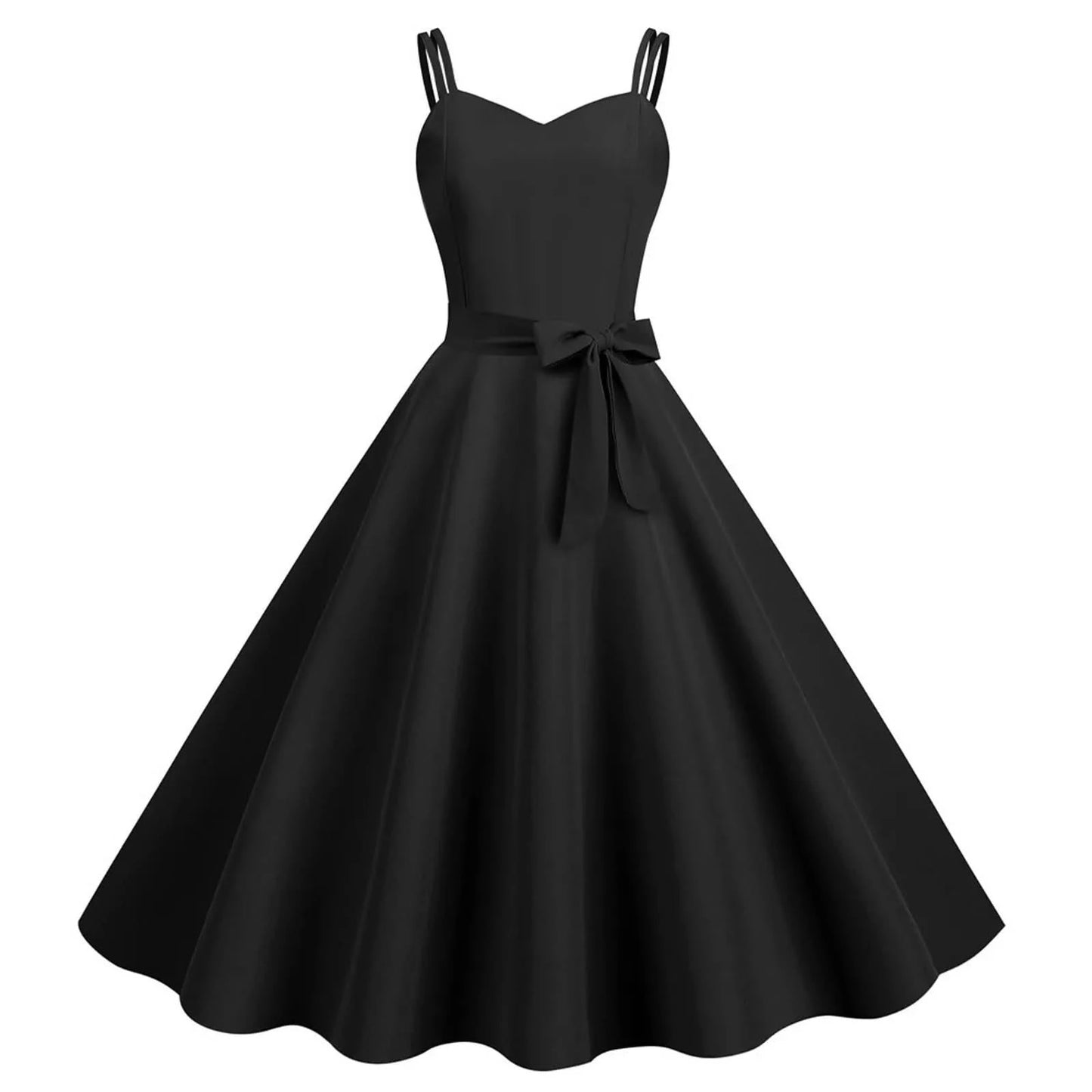 Women Casual Sleeveless Evening Party Prom Dress Strap A Line Large Swing Dress Solid Belted Waist Dresses For Wedding Guest - M & M Global
