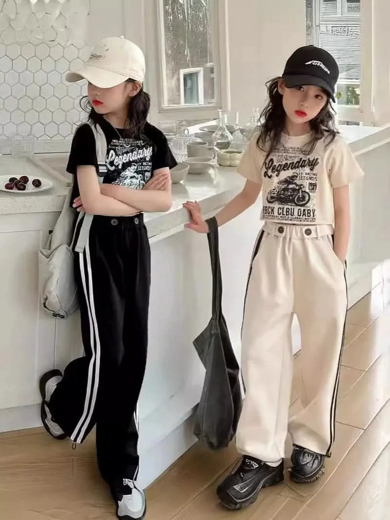 Girls' summer casual suit, new children's fashionable T-shirt, casual pants, summer dress, foreign short-sleeved two-piece set, - M & M Global
