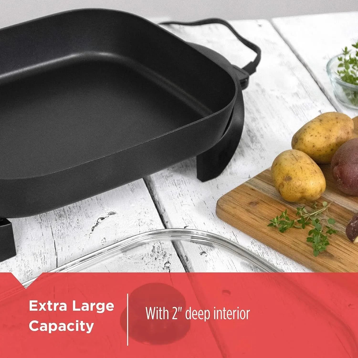 Electric Skillet, Variable Temperature Control, Nonstick Cooking Surface, Dishwasher Safe, Tempered Glass Lid, 12"x15" - M & M Global