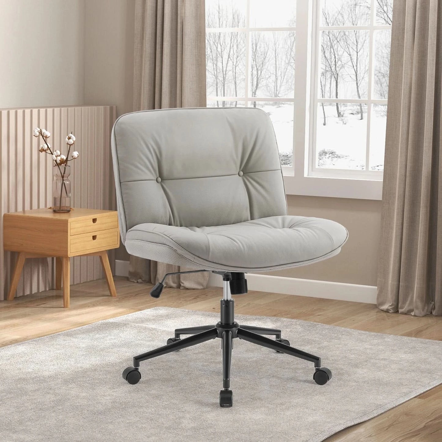 JHK PU Leather Cross Legged Office Chair with Wheels Armless Desk Chair Height Adjustable Swivel Wide Seating for Home Bedroom