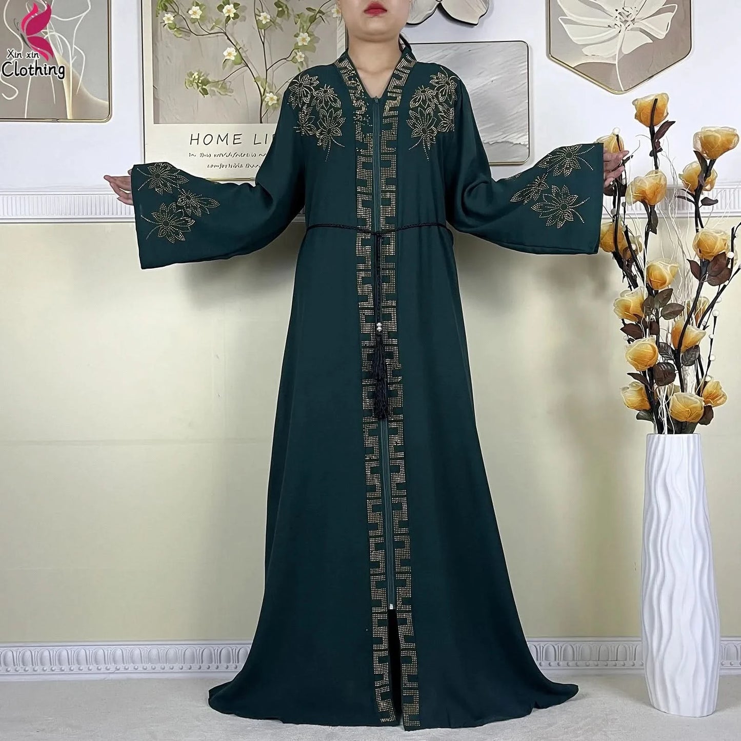 New Muslim Abayas For Women Long Sleeved Dress Dubai Lady Elegant Long Dress Islam Clothing African Abaya Loose Robe With Turban - M & M Global