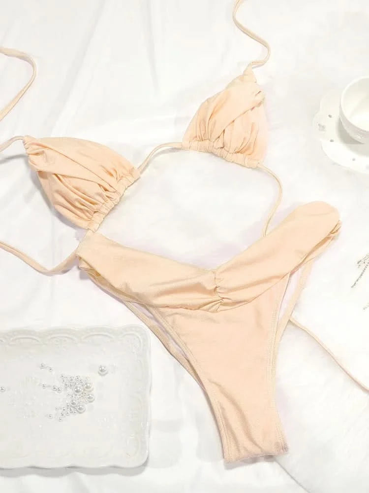 Summer 2025 Bikini Luxury Swimwear Women Biquini Folds Bikini Set Bathing Suit Women Swimsuit High Grade Champagne Bikinis Beach - M & M Global
