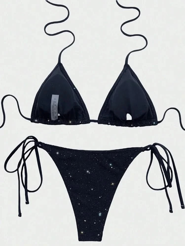 Sexy Laced Up Sequins Bikini 2 Piece Set Women Solid Split Swimsuit High Waist Beach Bikini 2025 New Summer Swimwear Bikinis Set - M & M Global