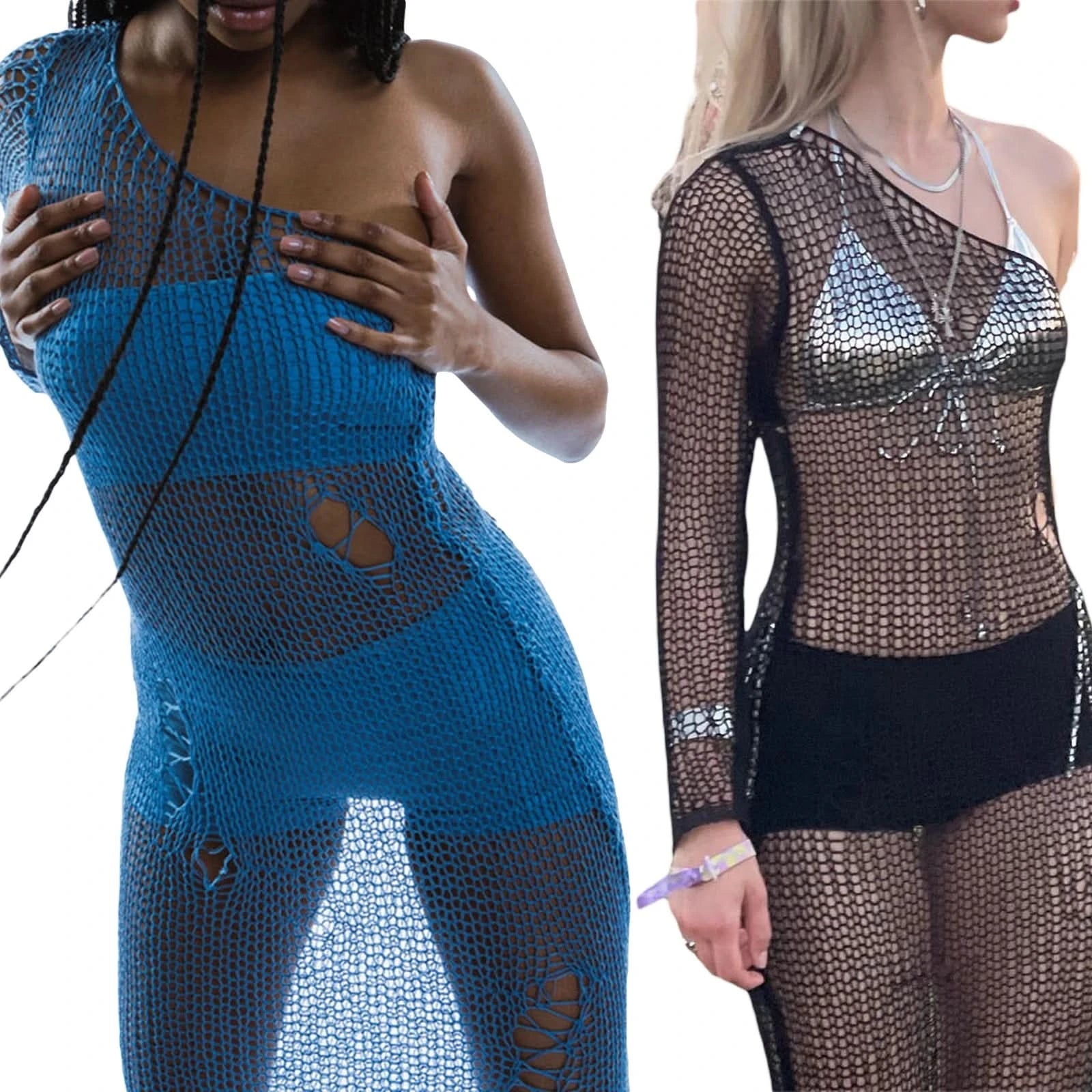 Women Sexy Y2k One Shoulder Long Sleeve Crochet Knit Long Dress Summer Beach See Through Party Grunge Club Cover Up Outfits - M & M Global