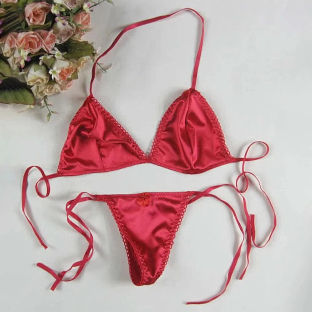Sexy Lingerie Set Womens Satin Silk Thong Underwear Bra Panties T-back Lace Up Top Briefs Bikini Beach Swimming Bathing Suit - M & M Global