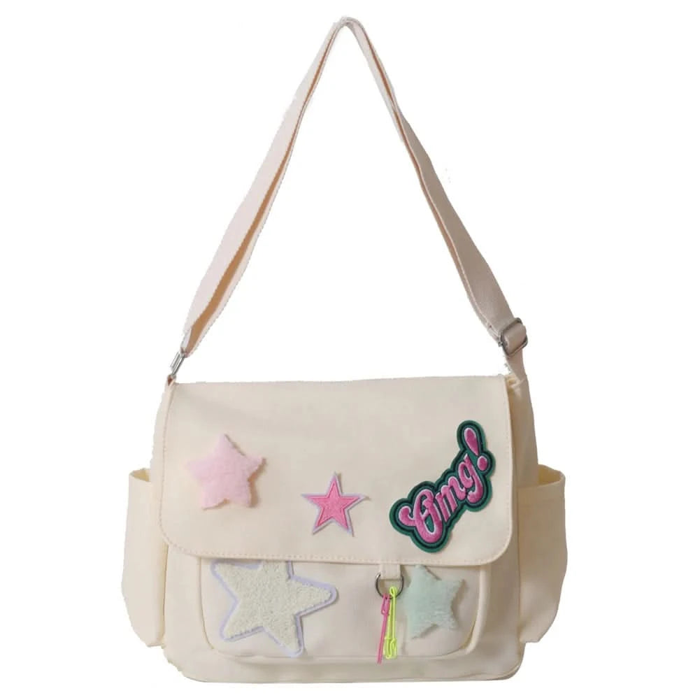 Women Cute Messenger Bag Large Capacity Canvas Student School Bag Star Letter Applique Candy Color Leisure Travel Outdoor Bag - M & M Global
