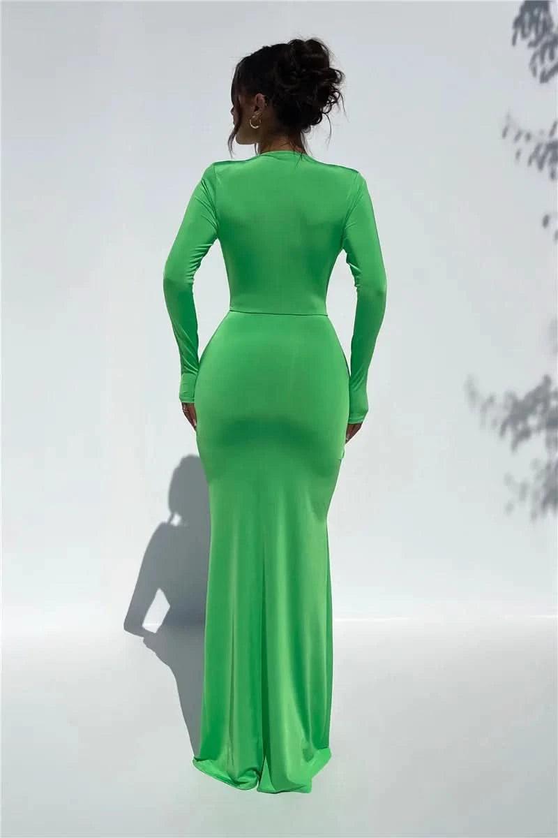 Mozision Deep V Neck Long Sleeve Split Maxi Dress Women Elegant Clubwear 2023 Autumn New Bodycon Ruched Sexy Long Dress - M & M Global