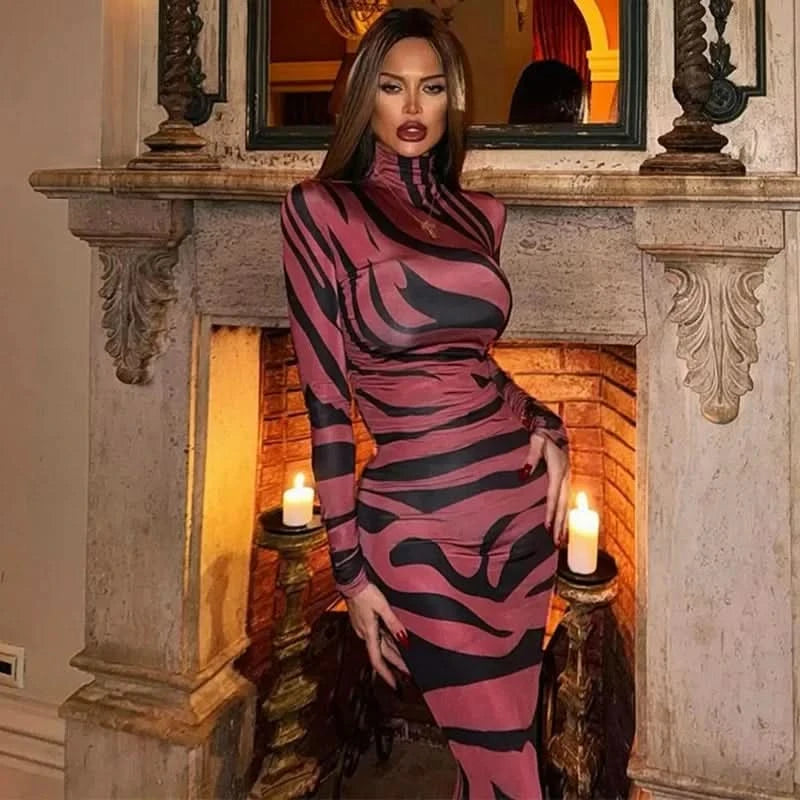 Print Leopard Print Slim Long Dress Women's Fashion Long Sleeve Sexy Party Dress Summer Street Leopard Print Long Dress 2024 New - M & M Global