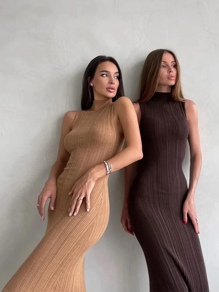 Tossy Sleeveless Knitwear Turtleneck Long Dress Female Slim Elegant Fashion Autumn 2023 Ribbed Knit Dress For Women Maxi Dress - M & M Global