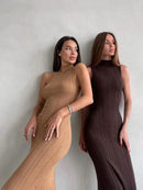 Tossy Sleeveless Knitwear Turtleneck Long Dress Female Slim Elegant Fashion Autumn 2023 Ribbed Knit Dress For Women Maxi Dress - M & M Global