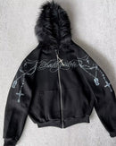Y2K New American Fashion Trend Joker Pattern Printed Fur Collar Zipper Hoodie Women Street Casual Loose Fleece Padded Sweatshirt
