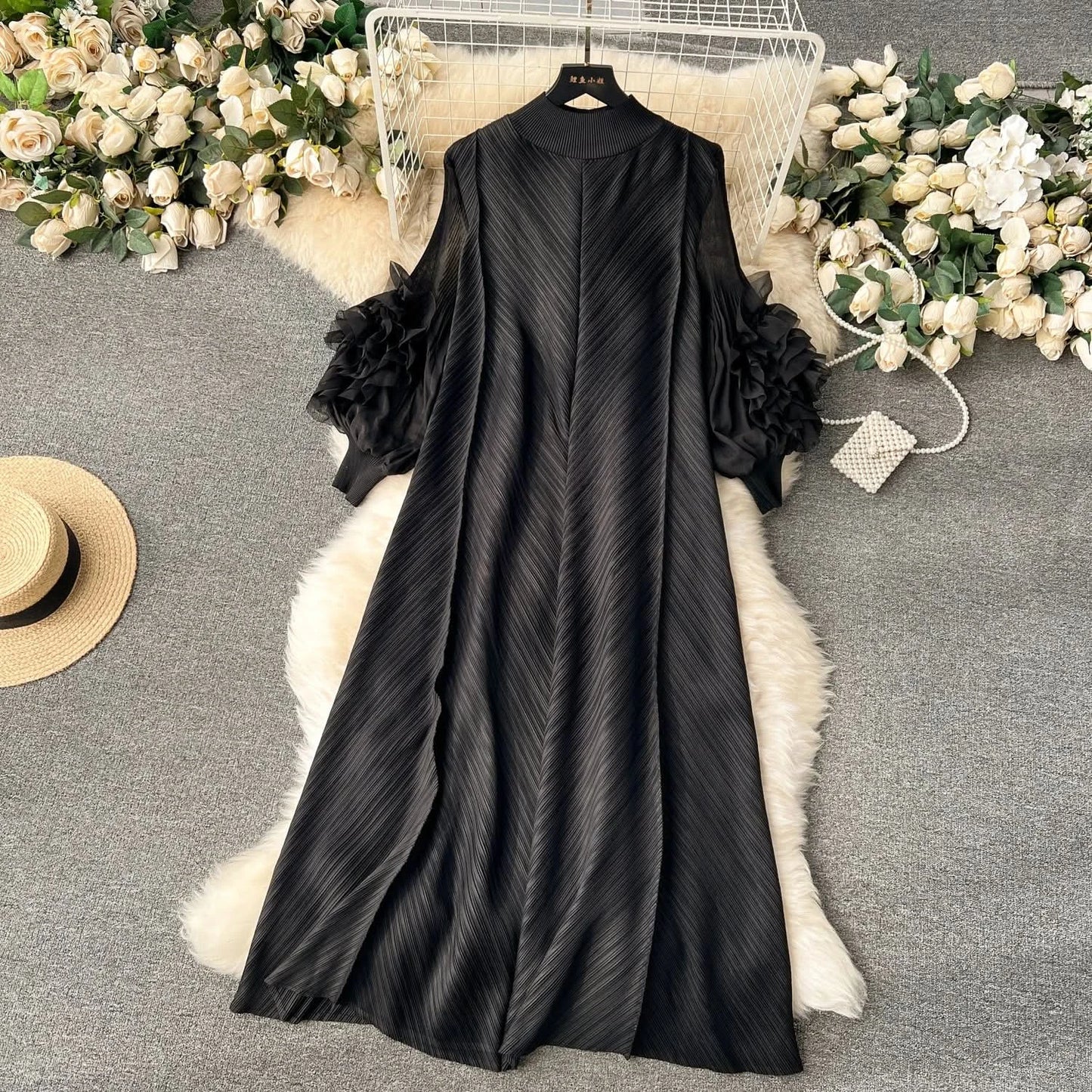 Sweet Pleated Vintage Three-dimensional Flower Loose Long Dress Chic Evening Korean Fashion Fashion Women Summer Dresses - M & M Global