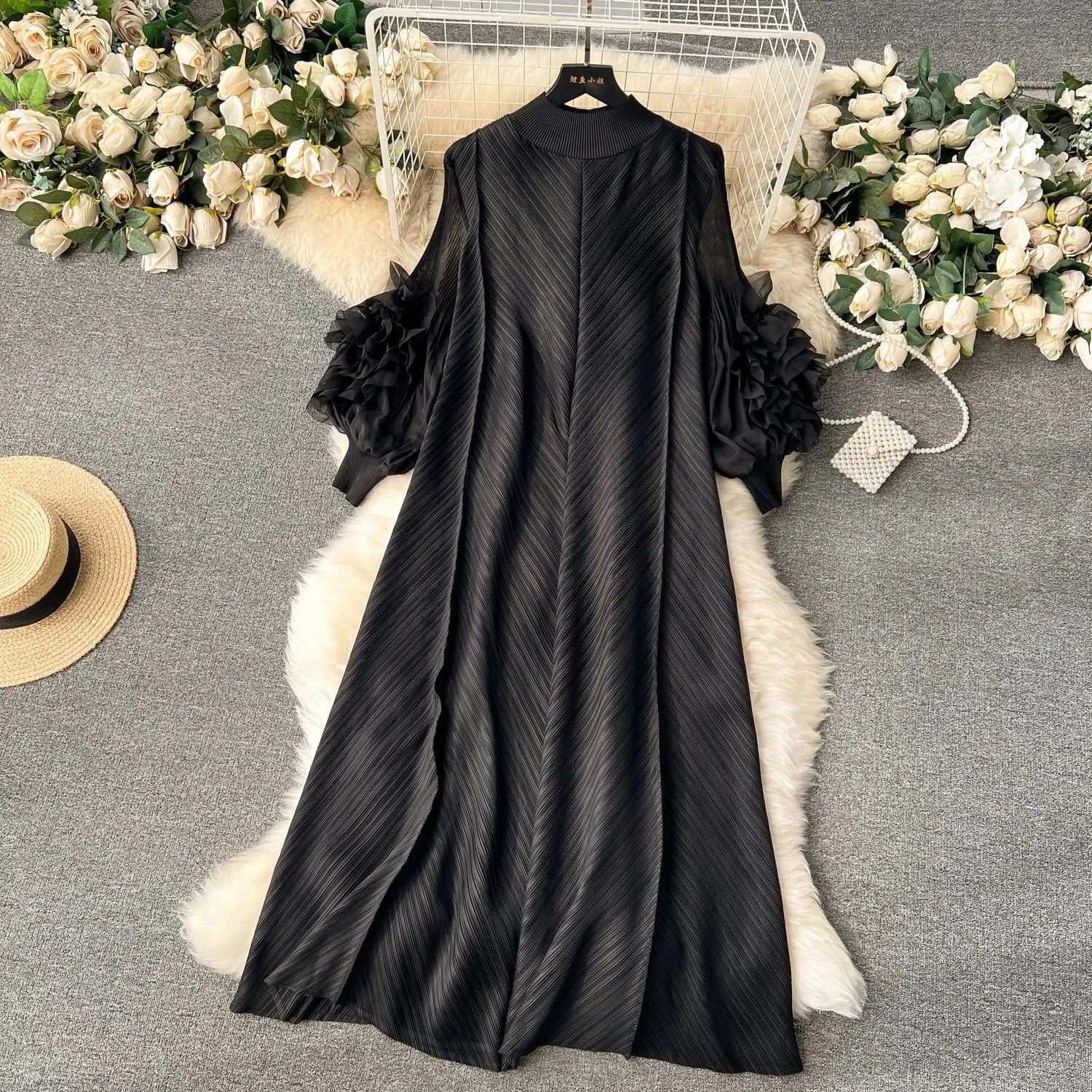 Sweet Pleated Vintage Three-dimensional Flower Loose Long Dress Chic Evening Korean Fashion Fashion Women Summer Dresses - M & M Global