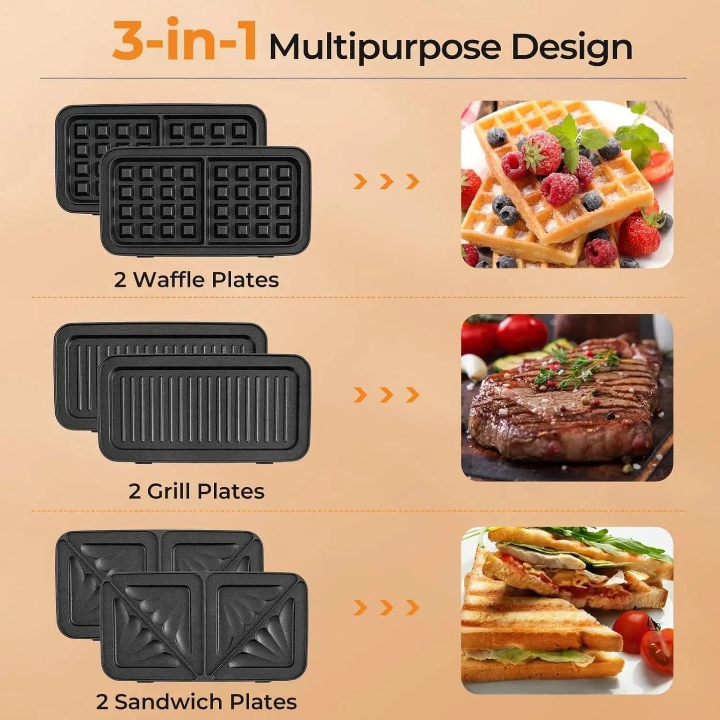 3 in 1 Waffle Maker, 1082W Electric Panini Press Grill w/Non-stick Plates, Indicator Lights, Cool Touch Handle, Sandwich Maker w - M & M Global